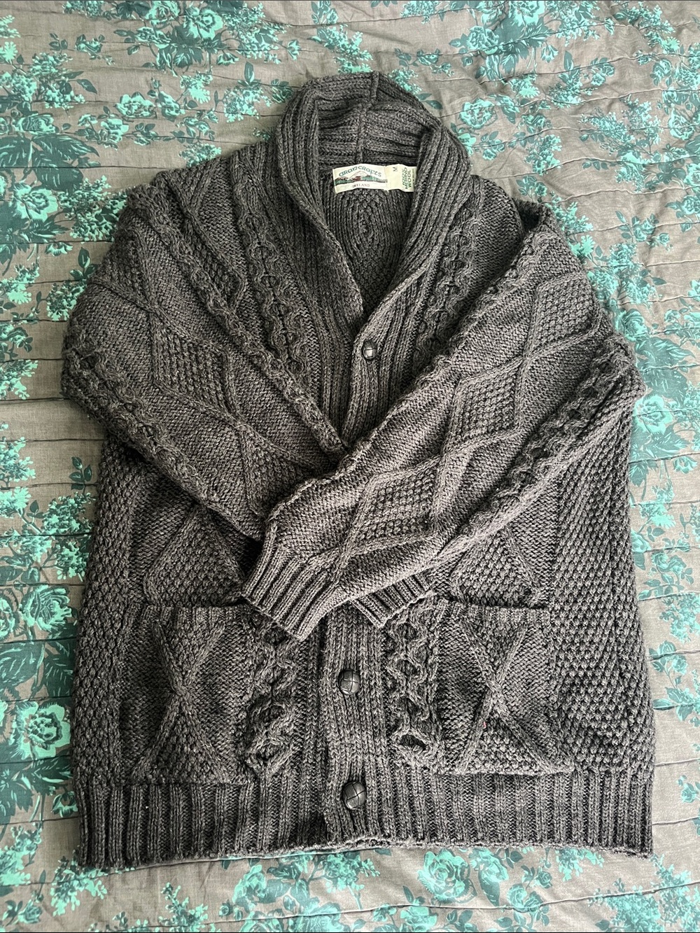 Aran Crafts Dark Gray Cable-Knit Shawl-Collar Cardigan